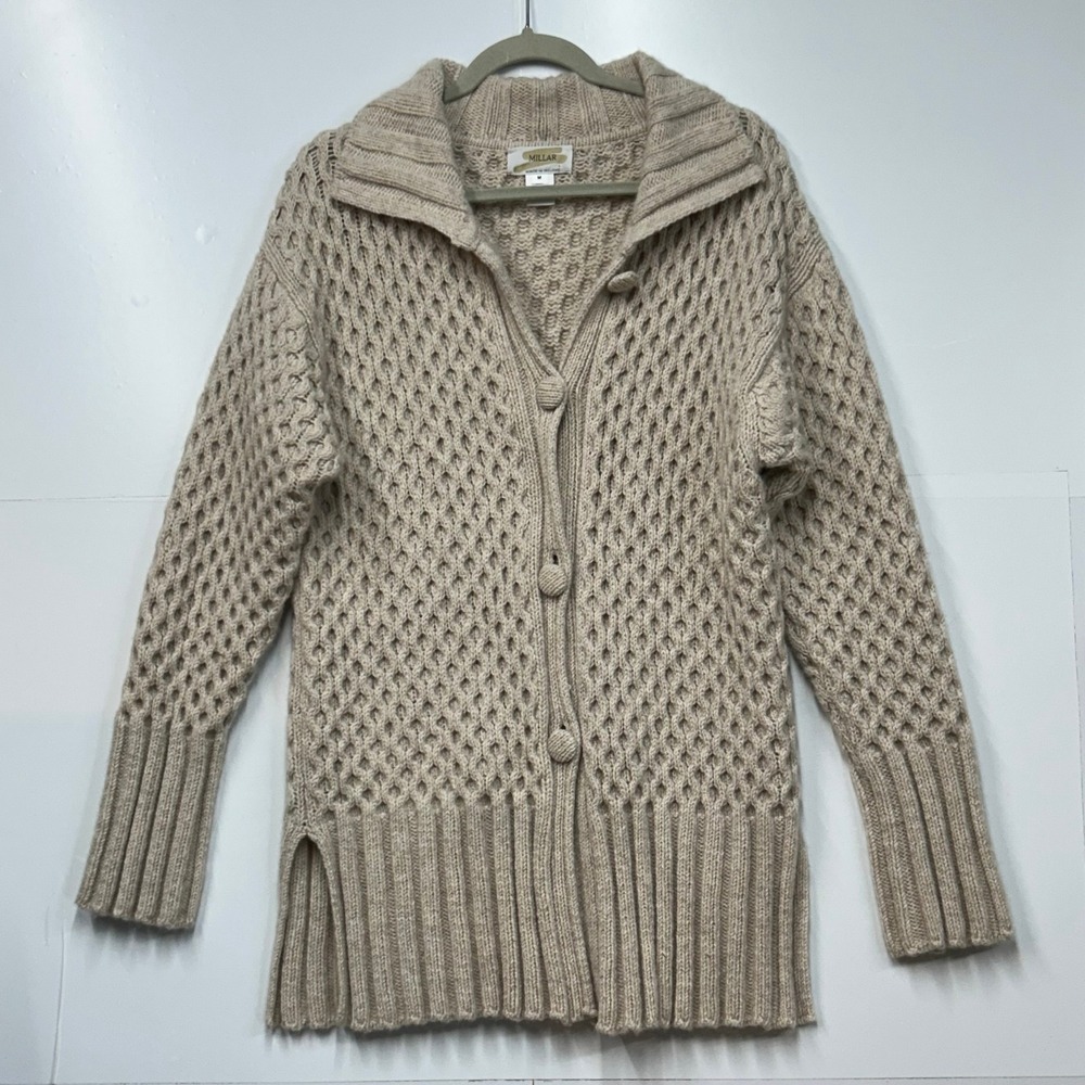 Millar Ireland Wool Cashmere Honeycomb Cable Knit Cardigan Sweater Beige Women M